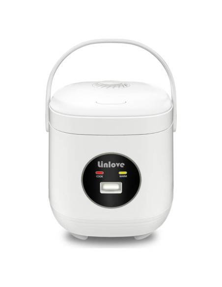 Olla arrocera portátil Linlove 1.5L blanca, 3 tazas, antiadherente