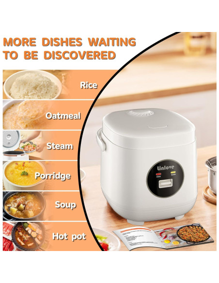 Olla arrocera portátil Linlove 1.5L blanca, 3 tazas, antiadherente