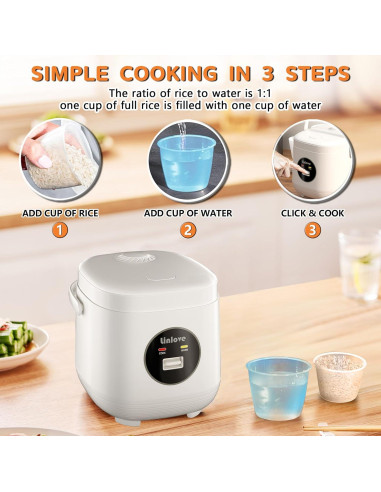 Olla arrocera portátil Linlove 1.5L blanca, 3 tazas, antiadherente
