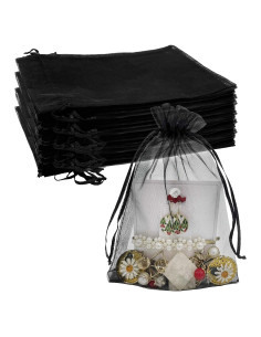 100 Bolsas de Organza Negras 13x18 cm con Cierre de Cuerda