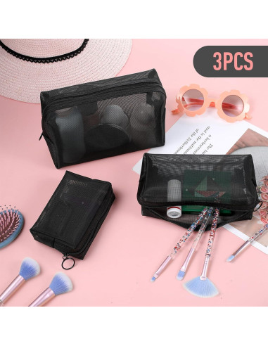 Set 3 Bolsas de Maquillaje de Malla Wanmu - Negro