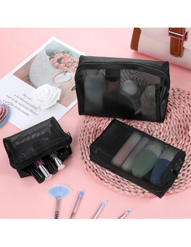 Set 3 Bolsas de Maquillaje de Malla Wanmu - Negro