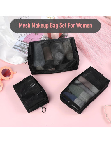Set 3 Bolsas de Maquillaje de Malla Wanmu - Negro