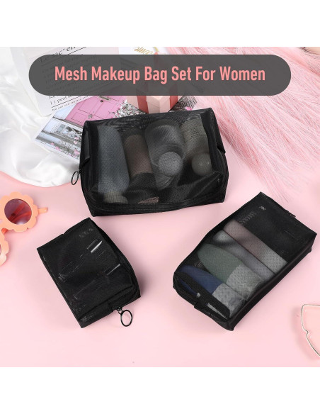 Set 3 Bolsas de Maquillaje de Malla Wanmu - Negro