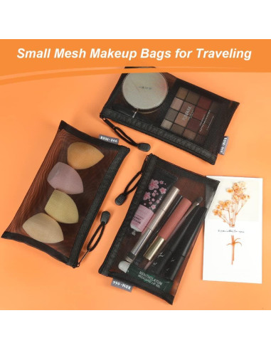 6 Neceseres de Maquillaje Malla Negra Portátiles 11.94x19.56cm