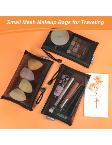 6 Neceseres de Maquillaje Malla Negra Portátiles 11.94x19.56cm