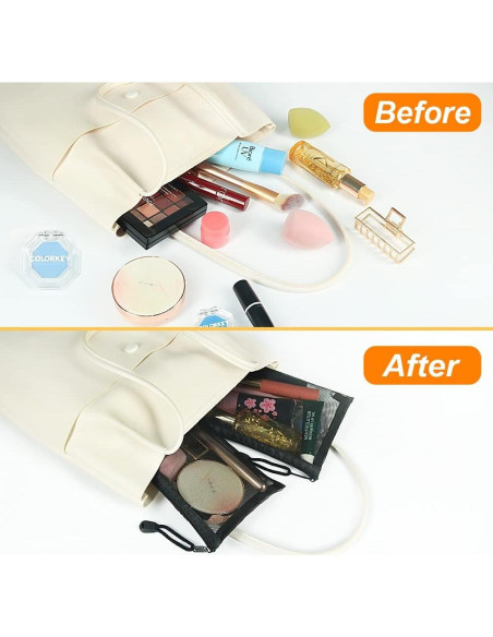 6 Neceseres de Maquillaje Malla Negra Portátiles 11.94x19.56cm