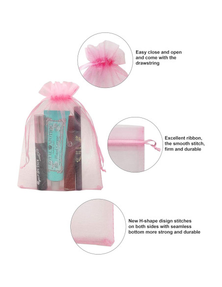 100 Bolsas de Organza Rosa 10x15 cm con Cuerda para Regalos