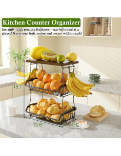 Cesta de Frutas 3 Niveles OKZEST con Tapa de Madera 2