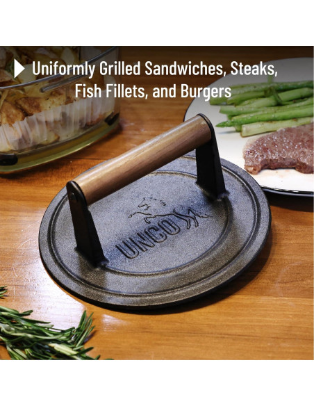 Prensa de Parrilla de Hierro Fundido UNCO 21.6 cm Mango de Madera