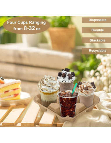 Bandeja para 4 Tazas ACXFOND 40 Pcs Biodegradable Marrón