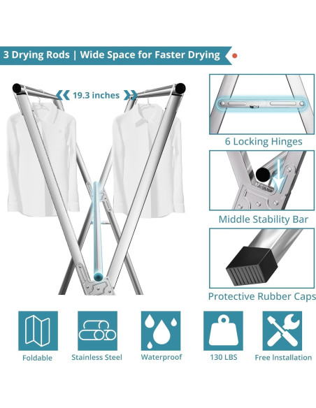 Estante para Secar Ropa JAUREE 241 cm Acero Inoxidable Plegable