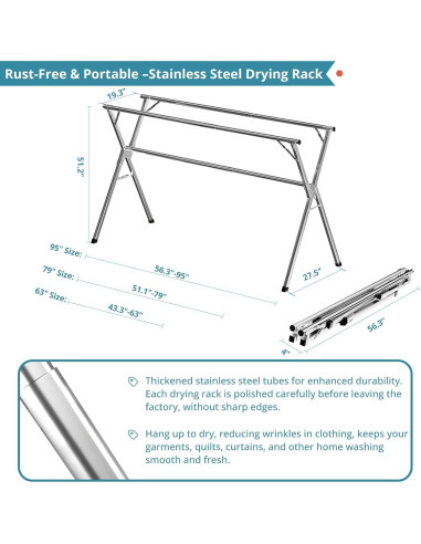 Estante para Secar Ropa JAUREE 241 cm Acero Inoxidable Plegable