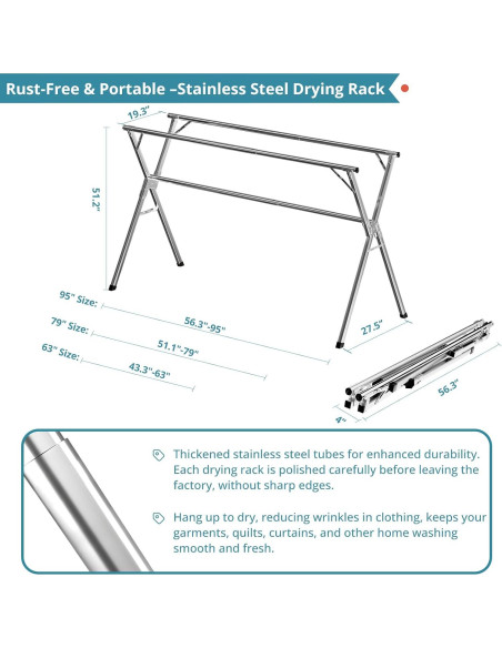 Estante para Secar Ropa JAUREE 241 cm Acero Inoxidable Plegable