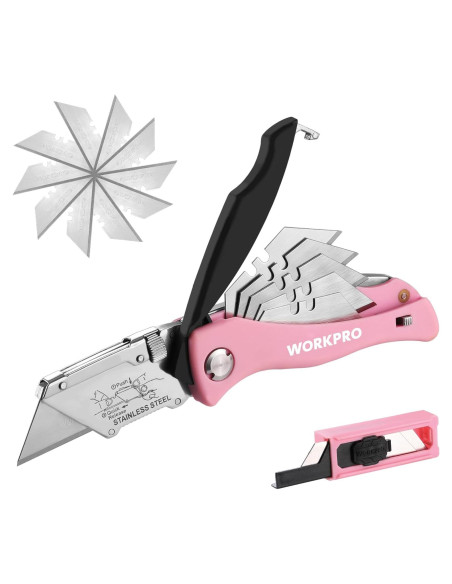 Cuchillo Utilitario Plegable WORKPRO Rosa con 15 Cuchillas Cuchillo Utilitario Plegable WORKPRO Rosa con 15 Cuchillas