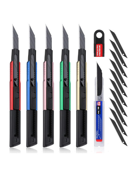 Cuchillo Utility WORKPRO Retráctil con 10 Hojas Extra - Set de 5