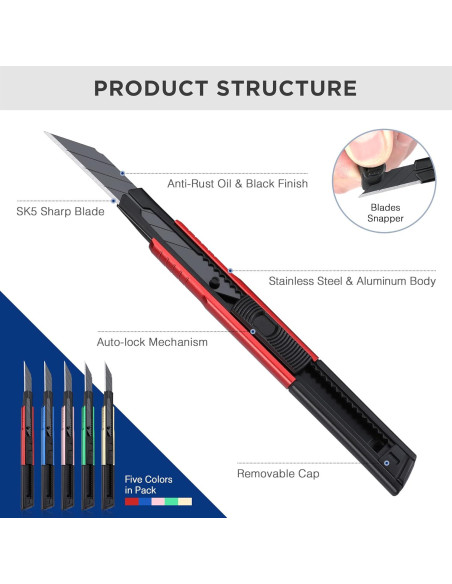 Cuchillo Utility WORKPRO Retráctil con 10 Hojas Extra - Set de 5