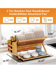 Estante de Secado de Platos Greenual 3 Niveles Bambú Natural 2