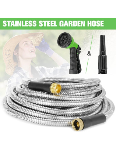 Manguera de Jardín de Acero Inoxidable 30,48 m con Boquillas
