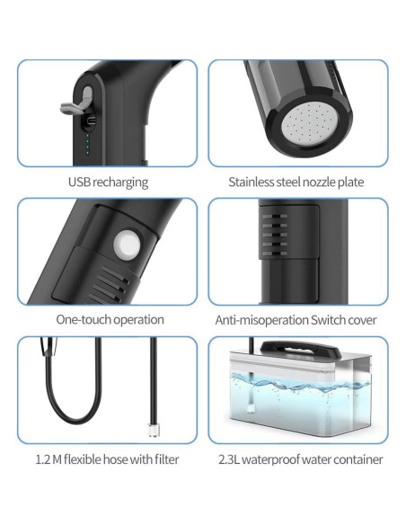 Rociador de Bidet Portátil Rutell 2.3L Recargable USB Negro