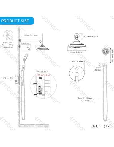 Conjunto de Ducha EMBATHER 8" Alta Presión Niquel Cepillado
