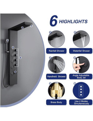 Panel de Ducha ROVATE Acero Inoxidable 4 en 1 Negro Mate