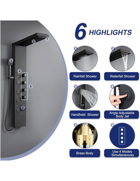 Panel de Ducha ROVATE Acero Inoxidable 4 en 1 Negro Mate