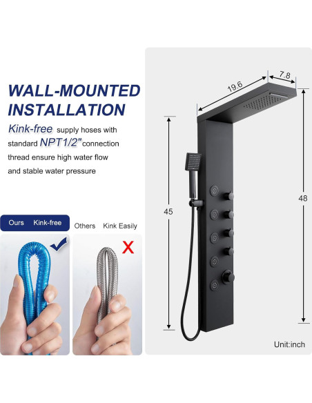 Panel de Ducha ROVATE Acero Inoxidable 4 en 1 Negro Mate