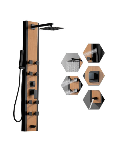 Panel de Ducha BWE Acero Inoxidable 8 Jets Negro y Bambú