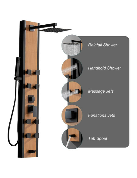 Panel de Ducha BWE Acero Inoxidable 8 Jets Negro y Bambú