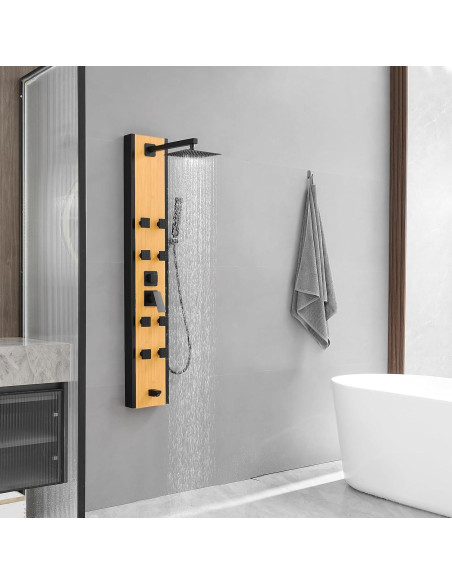 Panel de Ducha BWE Acero Inoxidable 8 Jets Negro y Bambú