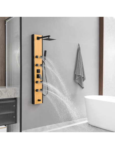 Panel de Ducha BWE Acero Inoxidable 8 Jets Negro y Bambú