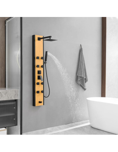 Panel de Ducha BWE Acero Inoxidable 8 Jets Negro y Bambú