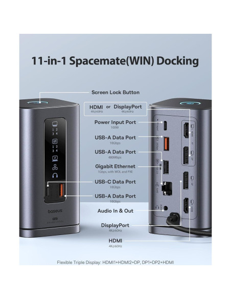 Baseus Estación de Acoplamiento 11 en 1 4K HDMI y DP + Batería 20800mAh