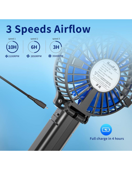 Ventilador de Mano Plegable HandFan 2000mAh USB Negro/Azul Ventilador de Mano Plegable HandFan 2000mAh USB Negro/Azul