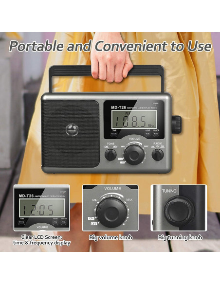 Radio Portátil AM FM Greadio con Pantalla LCD y Baterías