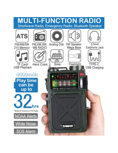 Radio de Onda Corta ZHIWHIS ZWS-702 con Bluetooth y Solar
