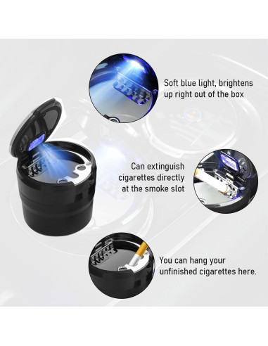 Cenicero de Auto Ziciner con Tapa y Luz LED - Negro