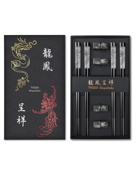 Juego de Palillos de Acero Inoxidable TIICOO Dragón y Fénix