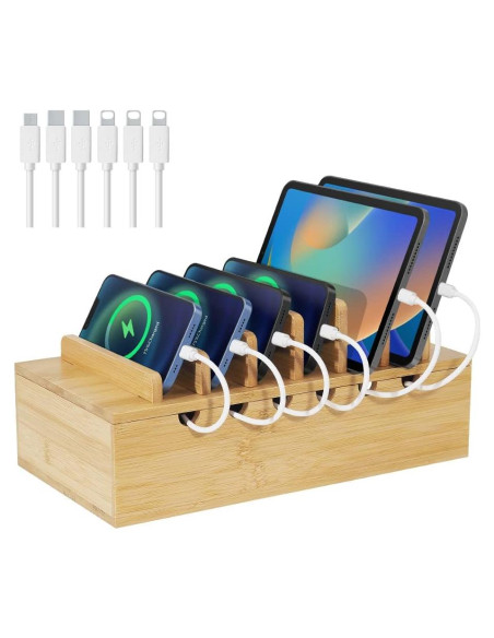 Estación de Carga de Bambú LEOKKARR para 6 Dispositivos