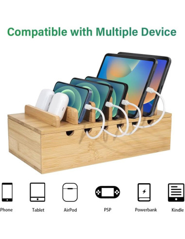 Estación de Carga de Bambú LEOKKARR para 6 Dispositivos