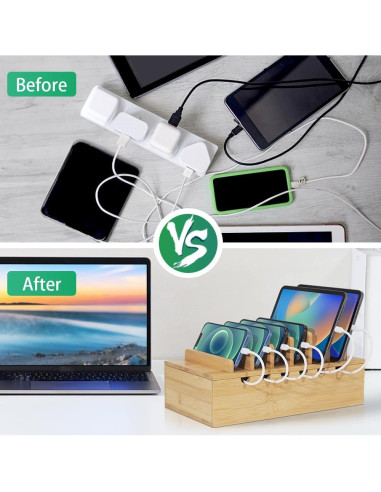 Estación de Carga de Bambú LEOKKARR para 6 Dispositivos