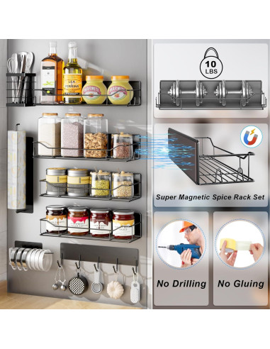 Estante Magnético IYEBAU para Especias - 8 Piezas Negro
