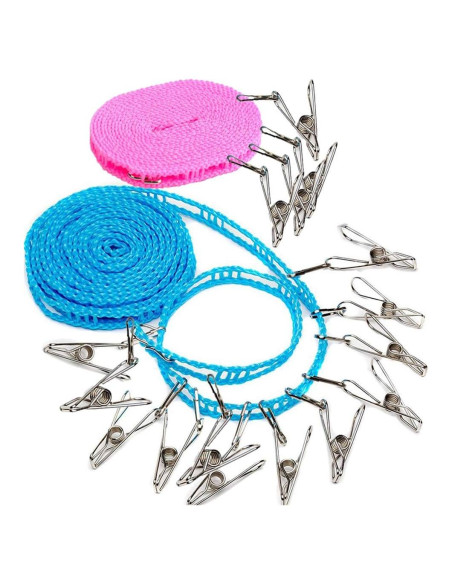 Cuerda de Ropa Portátil Foshine 5m con 16 Clips de Metal