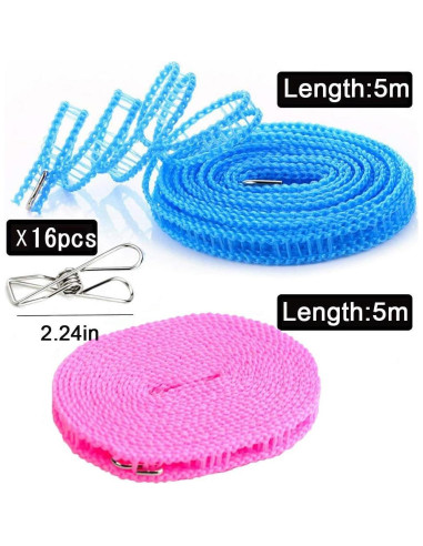 Cuerda de Ropa Portátil Foshine 5m con 16 Clips de Metal