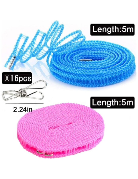 Cuerda de Ropa Portátil Foshine 5m con 16 Clips de Metal