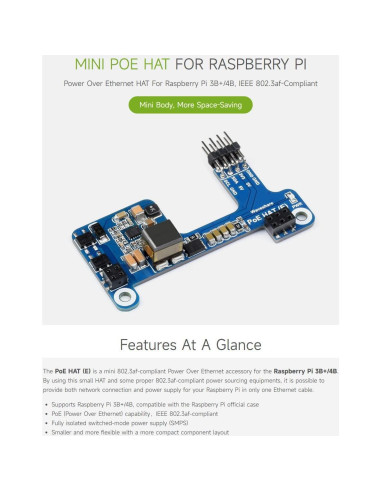 Waveshare PoE HAT (E) para Raspberry Pi 3B+/4B 802.3af