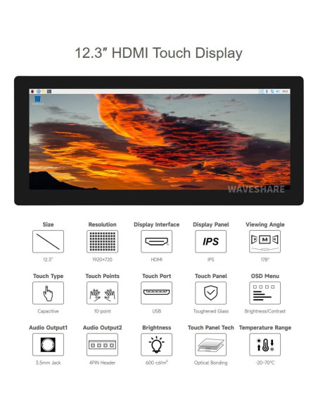 Pantalla LCD Táctil 12.3" Waveshare 1920x720 HDMI