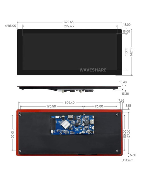 Pantalla LCD Táctil 12.3" Waveshare 1920x720 HDMI
