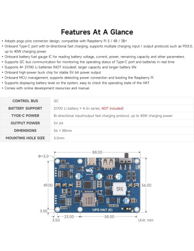 UPS HAT (E) Waveshare para Raspberry Pi 5/4B/3B+, 5V 6A